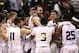 Mar 15, 2014; Katy, TX, USA; Stephen F. Austin Lumberjacks teammates celebrate following their win over Sam Houston State Bearkats in the championship game for the Southland Conference college basketball tournament at Merrell Center. Stephen F. Austin Lum