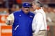 AUSTIN, TX - NOVEMBER 21: Head coach Mark Mangino of the Kansas Jayhawks talks with Mack Brown of the Texas Longhorns at Darrell K Royal-Texas Memorial Stadium on November 21, 2009 in Austin, Texas. (Photo by Ronald Martinez/Getty Images)