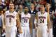 LAS VEGAS, NV - MARCH 15: Gabe York #1 of the Arizona Wildcats reacts as teammates Jordin Mayes #20 and Elliott Pitts #24 look on during a timeout in the championship game of the Pac-12 Basketball Tournament against the UCLA Bruins at the MGM Grand Garde