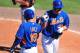 Mar 1, 2014; Port St. Lucie, FL, USA; New York Mets first baseman Lucas Duda (21) is congratulated by third baseman Zach Lutz (19) after hitting a home run against the Miami Marlins in the spring training game at Tradition Stadium. Mandatory Credit: Brad