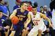 Mar 15, 2014; Stony Brook, NY, USA; Albany Great Danes guard Peter Hooley (12) controls the ball against Stony Brook Seawolves guard Jameel Warney (10) in the championship game of the America East college basketball tournament at Pritchard Gym. Mandatory