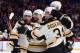 MONTREAL, QC - MARCH 12: Carl Soderberg #34 of the Boston Bruins celebrates after scoring a goal against the Montreal Canadiens, with teammates Chris Kelly #23, Andrej Meszaros #41and Zdeno Chara #33 during the NHL game on March 12, 2014 at the Bell Centr