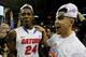 ATLANTA, GA - MARCH 16: Scottie Wilbekin #5 and Casey Prather #24 of the Florida Gators celebrate their 61 to 60 win over the Kentucky Wildcats in the Championship game of the 2014 Men's SEC Basketball Tournament at Georgia Dome on March 16, 2014 in Atla