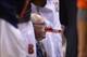 Mar 14, 2014; Greensboro, NC, USA; Syracuse Orange head coach Jim Boeheim in the huddle in the second half. The Wolfpack defeated the Orange 66-63 in the quarterfinals of the ACC college basketball tournament at Greensboro Coliseum. Mandatory Credit: Bob