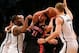 Mar 10, 2014; Brooklyn, NY, USA; Toronto Raptors point guard Greivis Vasquez (21) looks to pass defended by the Brooklyn Nets during the fourth quarter at the Barclays Center. The Brooklyn Nets defeated the Toronto Raptors 101-97. Mandatory Credit: Adam H
