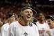 Mar 15, 2014; Las Vegas, NV, USA; New Mexico Lobos guard Hugh Greenwood (3) reacts following the win against the San Diego State Aztecs in the championship game for the Mountain West Conference college basketball tournament at Thomas and Mack Center. The