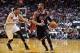 Jan 29, 2014; Miami, FL, USA; Oklahoma City Thunder shooting guard Thabo Sefolosha (25) applies pressure to Miami Heat shooting guard Dwyane Wade (3) during the second half at American Airlines Arena. Mandatory Credit: Steve Mitchell-USA TODAY Sports