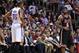 Jan 29, 2014; Miami, FL, USA; Miami Heat small forward LeBron James (6) looks over Oklahoma City Thunder small forward Kevin Durant (35) during the second half at American Airlines Arena. Mandatory Credit: Steve Mitchell-USA TODAY Sports