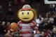 COLUMBUS, OH - JANUARY 4: Ohio State Mascot Brutus the Buckeye goofs around with a basketball prior to the start of the game against the Nebraska Cornhuskers on January 4, 20114 at Value City Arena in Columbus, Ohio. Ohio State won by a final score of 8