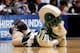AUBURN HILLS, MI - MARCH 21: Sparty, the mascot for the Michigan State Spartans performs against the Valparaiso Crusaders during the second round of the 2013 NCAA Men's Basketball Tournament at at The Palace of Auburn Hills on March 21, 2013 in Auburn Hi