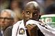 Feb 26, 2014; Portland, OR, USA; Brooklyn Nets power forward Kevin Garnett (2) looks at his team play Portland Trail Blazers from the bench in the second half at Moda Center. Mandatory Credit: Jaime Valdez-USA TODAY Sports