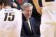 INDIANAPOLIS, IN - MARCH 13: Fran McCaffery the head coach of the Iowa Hawkeyes gives instructions to his team in the game against the Northwestern Wildcats during the first round of the Big Ten Basketball Tournament at Bankers Life Fieldhouse on March 1