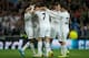 MADRID, SPAIN - MARCH 18: Alvaro Morata (L) of Real Madrid is congratulated by teammates after scoring his team's third goal during the UEFA Champions League Round of 16, second leg match between Real Madrid and FC Schalke 04 at Estadio Santiago Bernabeu