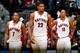ATLANTA, GA - NOVEMBER 01: Rudy Gay #22, Kyle Lowry #7 and DeMar DeRozan #10 of the Toronto Raptors react in the final seconds of their 102-95 loss to the Atlanta Hawks at Philips Arena on November 1, 2013 in Atlanta, Georgia. NOTE TO USER: User express