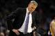 Mar 13, 2014; Oklahoma City, OK, USA; Los Angeles Lakers head coach Mike D'Antoni reacts to a play in action against the Oklahoma City Thunder during the third quarter at Chesapeake Energy Arena. Mandatory Credit: Mark D. Smith-USA TODAY Sports