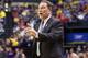 INDIANAPOLIS, IN - MARCH 14: Tom Izzo the head coach of the Michigan State Spartans gives instructions to his team in the game against the Northwestern Wildcats during the Quarterfinals of the Big Ten Basketball Tournament at Bankers Life Fieldhouse on M