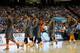 ATLANTA, GA - MARCH 15: Jarnell Stokes #5, Jordan McRae #52, Armani Moore #4, and Jeronne Maymon #34 of the Tennessee Volunteers walk on the court after a technical foul called against Maymon during the semifinals of the SEC Men's Basketball Tournament a