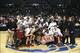Mar 16, 2014; Brooklyn, NY, USA; Saint Joseph's Hawks celebrate the win against the Virginia Commonwealth Rams in the championship game for the Atlantic 10 Conference college basketball tournament at Barclays Center. Saint Joseph's Hawks won 65-61. Manda