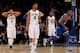 NEW YORK, NY - MARCH 13: Fuquan Edwin #23 of the Seton Hall Pirates celebrates the win as Josh Hart #3,Darrun Hilliard II #4 and James Bell #32 of the Villanova Wildcats react to the loss during the quarterfinals of the Big East Basketball Tournament at