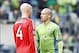 Mar 15, 2014; Seattle, WA, USA; Seattle Sounders FC midfielder Osvaldo Alonso (6) speaks with Toronto FC midfielder Michael Bradley (4) following a foul during the second half at CenturyLink Field. Mandatory Credit: Joe Nicholson-USA TODAY Sports