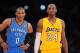 LOS ANGELES, CA - JANUARY 11: Russell Westbrook #0 of the Oklahoma City Thunder and Kobe Bryant #24 of the Los Angeles Lakers look on during their game at Staples Center on January 11, 2013 in Los Angeles, California. NOTE TO USER: User expressly acknowl