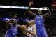 Jan 22, 2014; San Antonio, TX, USA; San Antonio Spurs guard Tony Parker (9) drives to the basket as Oklahoma City Thunder center Kendrick Perkins (5) and guard Reggie Jackson (15) defend during the first half at AT&T Center. Mandatory Credit: Soobum Im-US