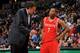 DENVER, CO - APRIL 15: Kevin McHale, head coach of the Houston Rockets, speaks to Kyle Lowry #7 of the Houston Rockets during a game against the Denver Nuggets on April 15, 2012 at the Pepsi Center in Denver, Colorado. NOTE TO USER: User expressly acknowl
