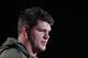 Feb 20, 2014; Indianapolis, IN, USA; Michigan Wolverines offensive lineman Taylor Lewan speaks during a press conference during the 2014 NFL Combine at Lucas Oil Stadium. Mandatory Credit: Brian Spurlock-USA TODAY Sports