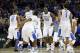 Mar 14, 2014; Atlanta, GA, USA; Kentucky Wildcats forward Julius Randle (30) celebrates with his teammates against the LSU Tigers in the quarterfinals of the SEC college basketball tournament at Georgia Dome. Kentucky won 85-67. Mandatory Credit: Paul Abe
