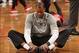 Mar 3, 2014; Brooklyn, NY, USA; Brooklyn Nets center Jason Collins warms up before the first half of NBA game against the Chicago Bulls at Barclays Center. Mandatory Credit: Noah K. Murray-USA TODAY Sports