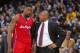 OAKLAND, CA - JANUARY 30: Head Coach Doc Rivers talks to his player DeAndre Jordan #6 of the Los Angeles Clippers during a game against the Golden State Warriors on January 30, 2014 at Oracle Arena in Oakland, California. NOTE TO USER: User expressly ackn