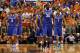 Mar 8, 2014; Gainesville, FL, USA; Kentucky Wildcats forward Julius Randle (30), guard/forward James Young (1), forward Willie Cauley-Stein (15), guard Aaron Harrison (2) and guard Andrew Harrison (5) look at the bench against the Tampa Bay Rays during