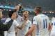 Porto's Ricardo Quaresma, center, celebrates with teammates after scoring during an Europa League, round of 16 return-leg soccer match against Napoli at the Naples San Paolo stadium, Italy, Thursday, March 20, 2014. (AP Photo/Gennaro Giorgio)