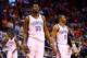 Mar 6, 2014; Phoenix, AZ, USA; Oklahoma City Thunder forward Kevin Durant (35) and guard Russell Westbrook (0) react during the fourth quarter against the Phoenix Suns at the US Airways Center. The Suns defeated the Thunder 128-122. Mandatory Credit: Mark