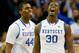 ATLANTA, GA - MARCH 14: Dakari Johnson #44 and Julius Randle #30 of the Kentucky Wildcats react after Randle drew a foul against LSU Tigers during the quarterfinals of the SEC Men's Basketball Tournament at Georgia Dome on March 14, 2014 in Atlanta, Geor