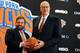 NEW YORK, NY - MARCH 18: James Dolan, L, Executive Chairman of Madison Square Garden, stands with Phil Jackson during the press conference to announce Jackson as President of the New York Knicks at Madison Square Garden on March 18, 2014 in New York City