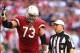 Dec 29, 2013; Phoenix, AZ, USA; Arizona Cardinals offensive tackle Eric Winston (73) talks with NFL referee Walt Anderson during the game against the San Francisco 49ers at University of Phoenix Stadium. Mandatory Credit: Mark J. Rebilas-USA TODAY Sports