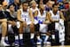 Mar 21, 2014; Raleigh, NC, USA; Duke Blue Devils forward Jabari Parker (1), guard Rasheed Sulaimon (14) and Duke Blue Devils forward Josh Hairston (15) react on the bench against the Mercer Bears in the first half of a men's college basketball game during