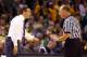 SAN ANTONIO, TX - MARCH 21: Head coach Tim Miles of the Nebraska Cornhuskers talks to an official after receiving his second technical foul in the second half against the Baylor Bears during the second round of the 2014 NCAA Men's Basketball Tournament a