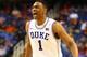 GREENSBORO, NC - MARCH 14: Jabari Parker #1 of the Duke Blue Devils reacts against the Clemson Tigers during the quarterfinals of the 2014 Men's ACC Basketball Tournament at Greensboro Coliseum on March 14, 2014 in Greensboro, North Carolina. (Photo by