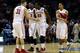 SAN ANTONIO, TX - MARCH 21: Georges Niang #31, Melvin Ejim #3, Dustin Hogue #22 and Naz Long #15 of the Iowa State Cyclones celebrate during the first half against the North Carolina Central Eagles during the second round of the 2014 NCAA Men's Basketball