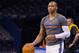 Oklahoma City, OK - February 20: Russell Westbrook #0 of the Oklahoma City Thunder warms up before the game against the Miami Heat at the Chesapeake Arena on February 20, 2014 in Oklahoma City, OK. NOTE TO USER: User expressly acknowledges and agrees th