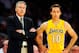 Oct 6, 2013; Los Angeles, CA, USA; Los Angeles Lakers head coach Mike D'Antoni (left) stands with guard Steve Nash (10) during the first half against the Denver Nuggets at Staples Center. Mandatory Credit: Christopher Hanewinckel-USA TODAY Sports