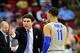 Mar 21, 2014; Raleigh, NC, USA; Memphis Tigers head coach Josh Pastner talks with guard Michael Dixon Jr. (11) against the George Washington Colonials in the second half of a men's college basketball game during the second round of the 2014 NCAA Tournamen