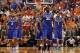 Mar 8, 2014; Gainesville, FL, USA; Kentucky Wildcats forward Julius Randle (30), guard/forward James Young (1), forward Willie Cauley-Stein (15), guard Aaron Harrison (2) and guard Andrew Harrison (5) look at the bench against the Tampa Bay Rays during