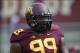 Sep 21, 2013; Minneapolis, MN, USA; Minnesota Golden Gophers defensive lineman Ra'Shede Hageman (99) looks on during pre game before a game against the San Jose State Spartans at TCF Bank Stadium. Mandatory Credit: Jesse Johnson-USA TODAY Sports