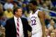 KANSAS CITY, MO - MARCH 14: Andrew Wiggins #22 of the Kansas Jayhawks walks off the court past head coach Bill Self during the Big 12 Basketball Tournament semifinal game against the Iowa State Cyclones at Sprint Center on March 14, 2014 in Kansas City,