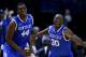 ST LOUIS, MO - MARCH 23: Julius Randle #30 of the Kentucky Wildcats celebrates with teammate Dakari Johnson #44 after defeating the Wichita State Shockers 78 to 76 during the third round of the 2014 NCAA Men's Basketball Tournament at Scottrade Center on
