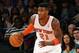 Mar 10, 2014; New York, NY, USA; New York Knicks shooting guard Iman Shumpert (21) advances the ball during the third quarter against the Philadelphia 76ers at Madison Square Garden. New York Knicks won 123-110. Mandatory Credit: Anthony Gruppuso-USA T
