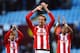 BIRMINGHAM, ENGLAND - MARCH 23: Peter Crouch (C) of Stoke and teammates celebrate following their team's 4-2 victory during the Barclays Premier League match between Aston Villa and Stoke City at Villa Park on March 23, 2014 in Birmingham, England. (Pho